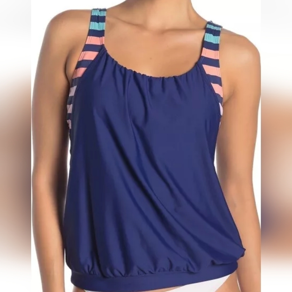 Next Double Up Tanktini Swim Top Sz. 32 B/C Stripe Impact Navy Top